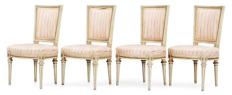 Four Gustavian 18th Century chairs, by C. J.  Wadstöm. Comprising two later copies.