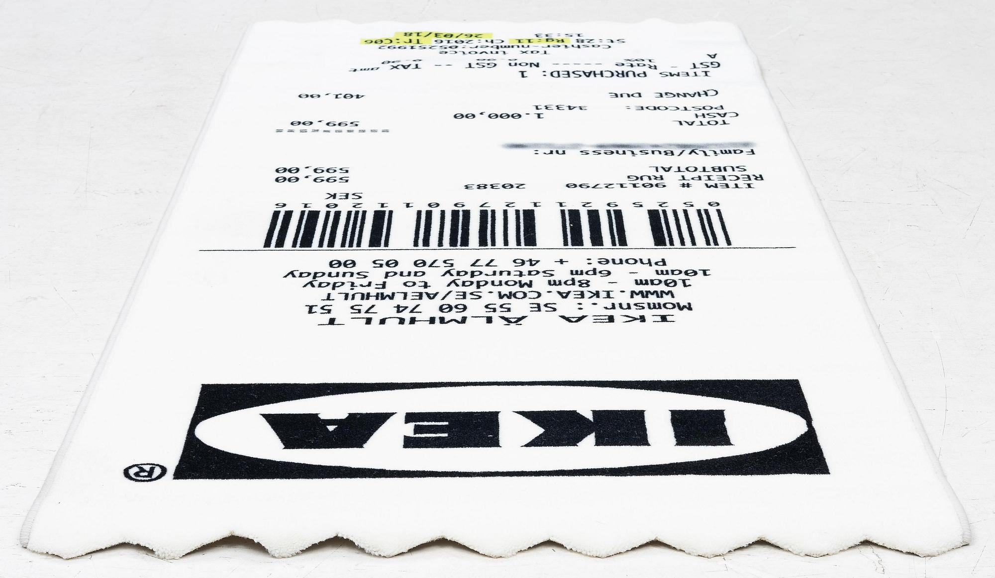 Virgil Abloh, a carpet, 'kvitto' ('Receipt'), IKEA x Virgil Abloh, the 'MARKERAD' collection, c. 200 x 90 cm.
