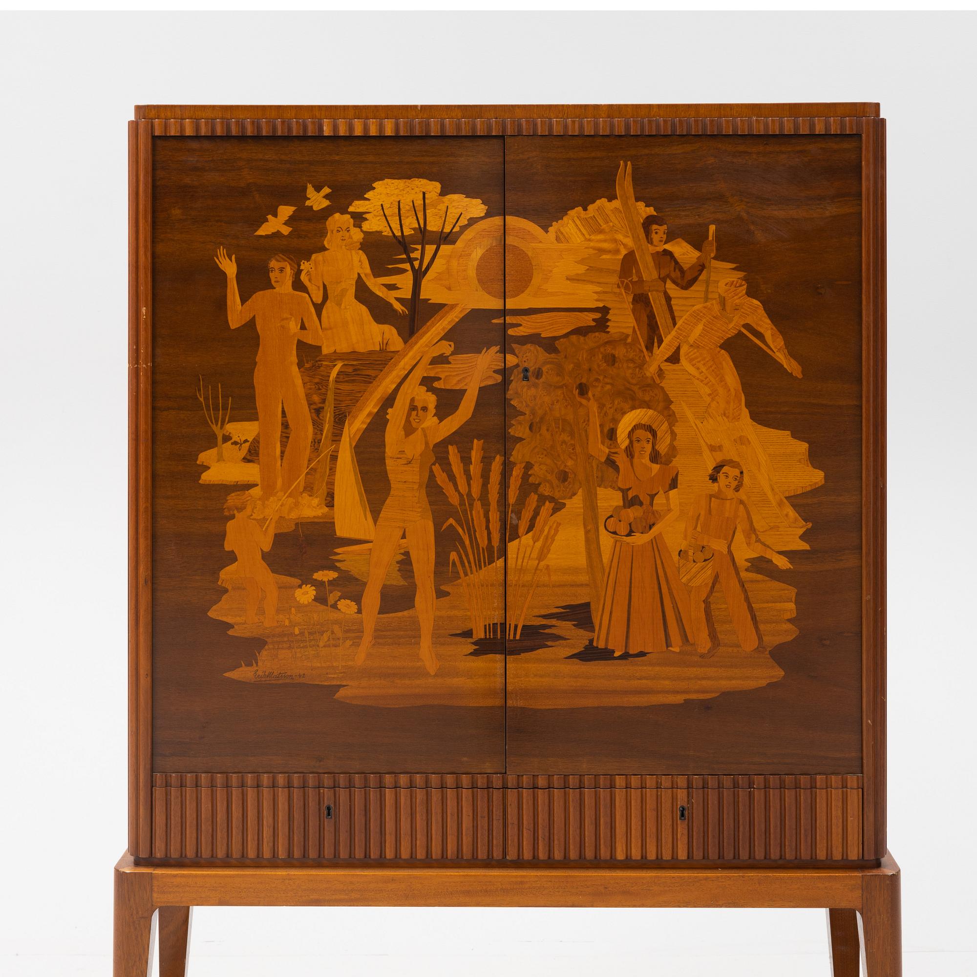 Erik Matsson, a Swedish modern marquetry cupboard, 'The season', HC Möbler AB Harry Carlsson, 1942.