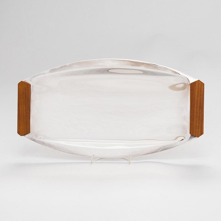 TAPIO WIRKKALA, A 1960s tray in new silver with teak handles, TW 225, marked TW. Hopeakeskus, Finland.