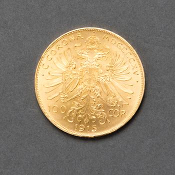 GOLDCOIN, 21,6 K, 100 Corona, Austria-Hungary 1915. Weight ca 34 g.