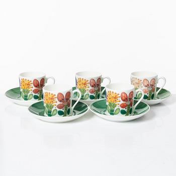 Stig Lindberg, five 'Tahiti' coffee cups with saucers, Gustavsberg.