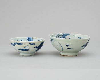 A set of two blue and white bowls, Qing dynasty, one with a six character mark.