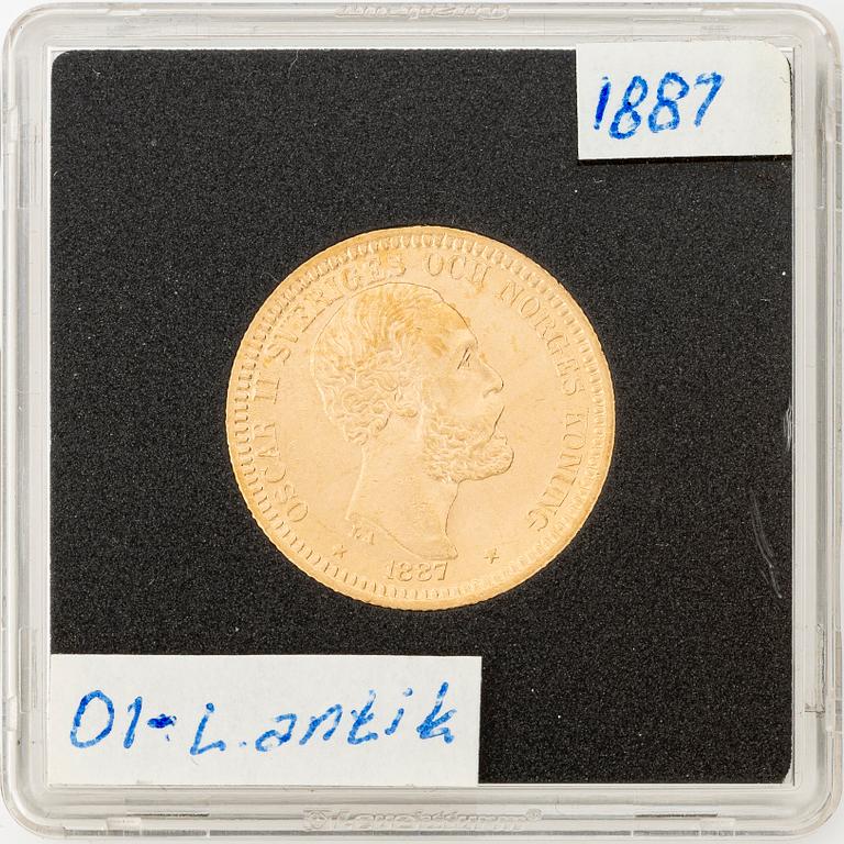 Gold coin, Oscar II, 20Kr, Type III, Sweden 1887.