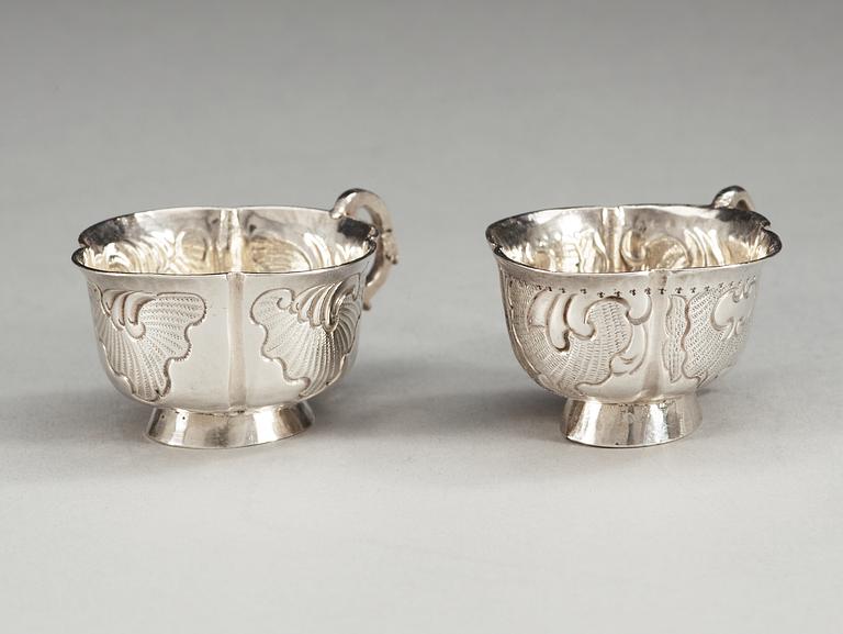 Two Russian 18th century silver tscharkis, unidentified makers mark, Moscow 1777 and 1779.