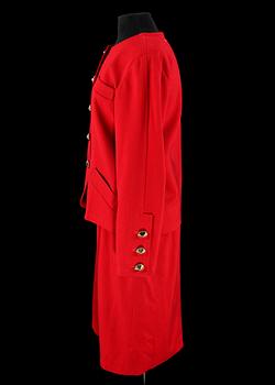 A 1991s red two-piece costume consisting of jacket and skirt  by Yves Saint Laurent.