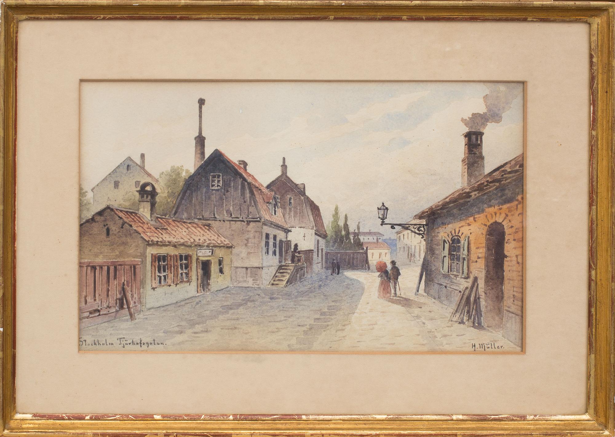 HERMAN MÜLLER, akvarell, "Stockholm Tjärhofgatan" Signerad.