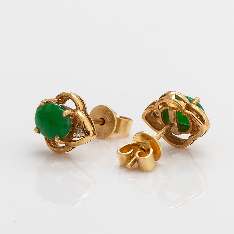 Earrings and ring, 18K gold with jadeite, emeralds, and small diamonds.
