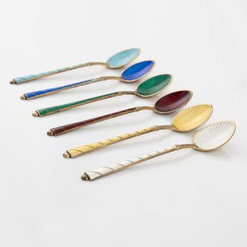 Six Silver-Gilt and Enamel Mocha Spoons, Denmark mid 20th century.