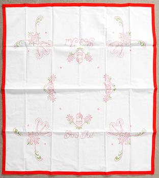 A collection of smaller Christmas tablecloths, runners, wall hangings, curtains, and Christmas tree skirts, 32 pcs, 20th century.