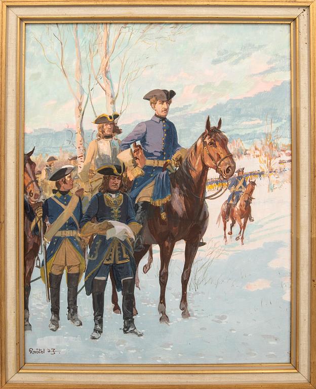 Herbert Knötel, oil, Charles XII on horseback.