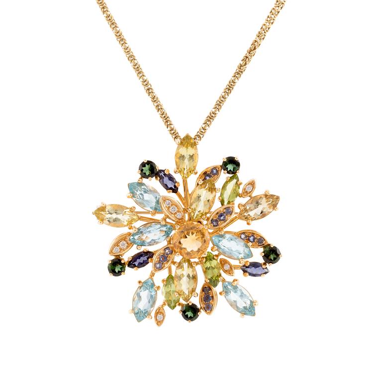 Hänge/brosch, Mangiarotti, 18K guld med fasettslipade ädelstenar.