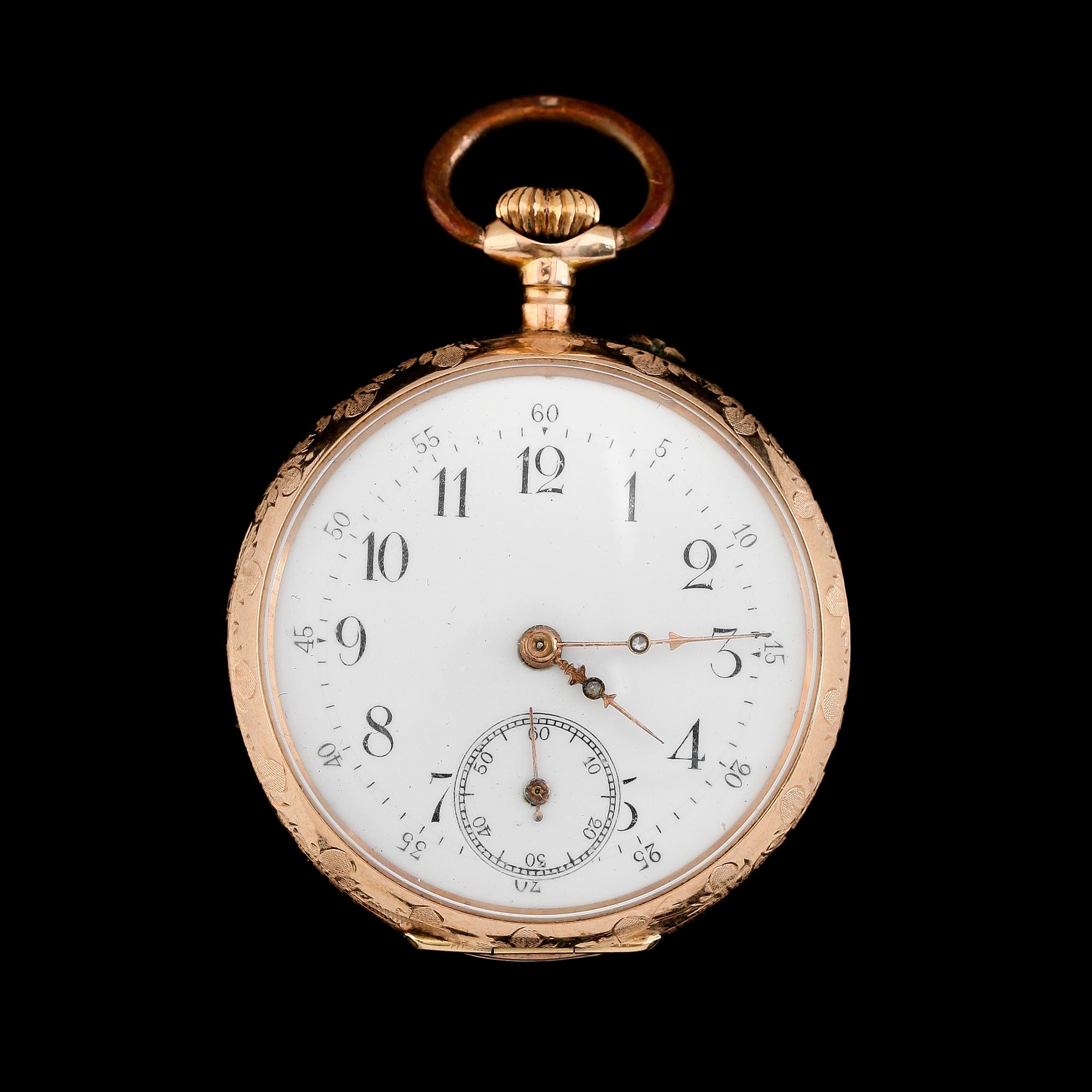 FICKUR, 14K guld, 1900-talets första hälft. Total vikt inklusive urhus 32 g.