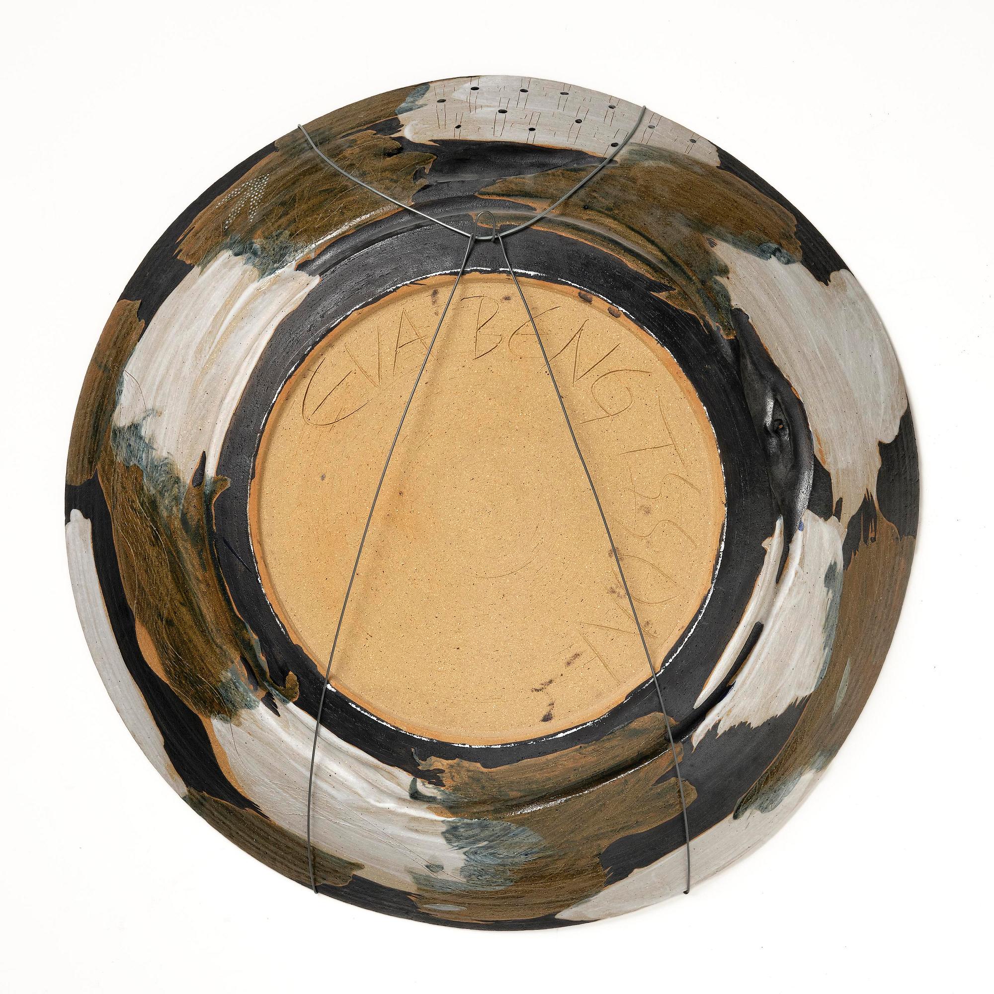 Eva Bengtsson, a large decorative chamotte stoneware dish, own studio, Frillesås, 1990s.