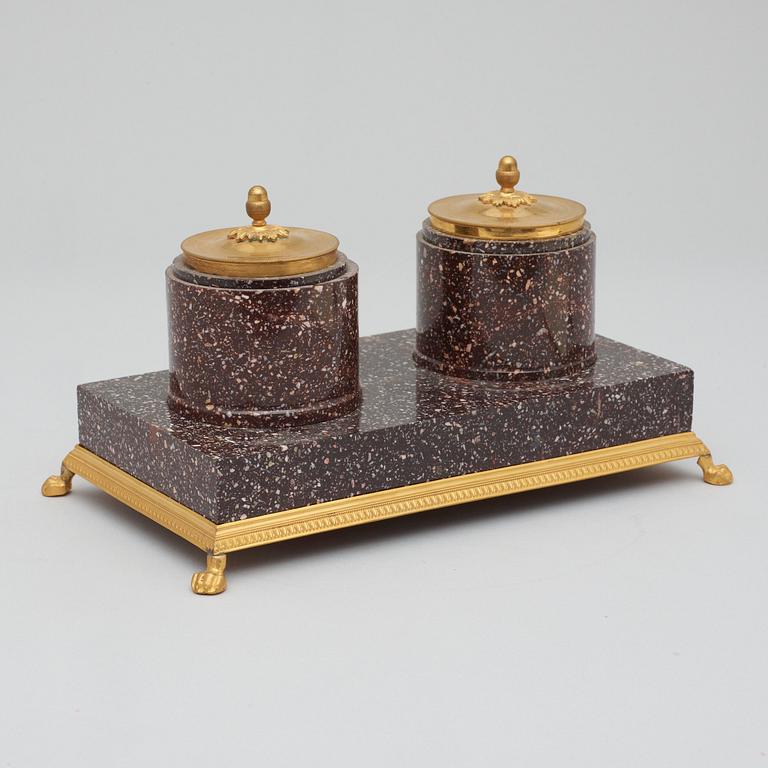 A Swedish Empire-style circa 1900 porphyry desk set.