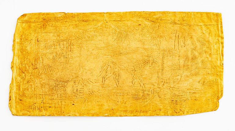 A set of nine presumably modern Egyptian-style gold foil sheets with figures and hieroglyphs.