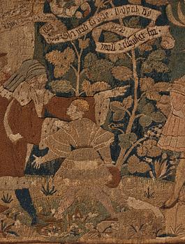 An embroidered framed fragment of a Swiss table carpet, first half of the 16th century.