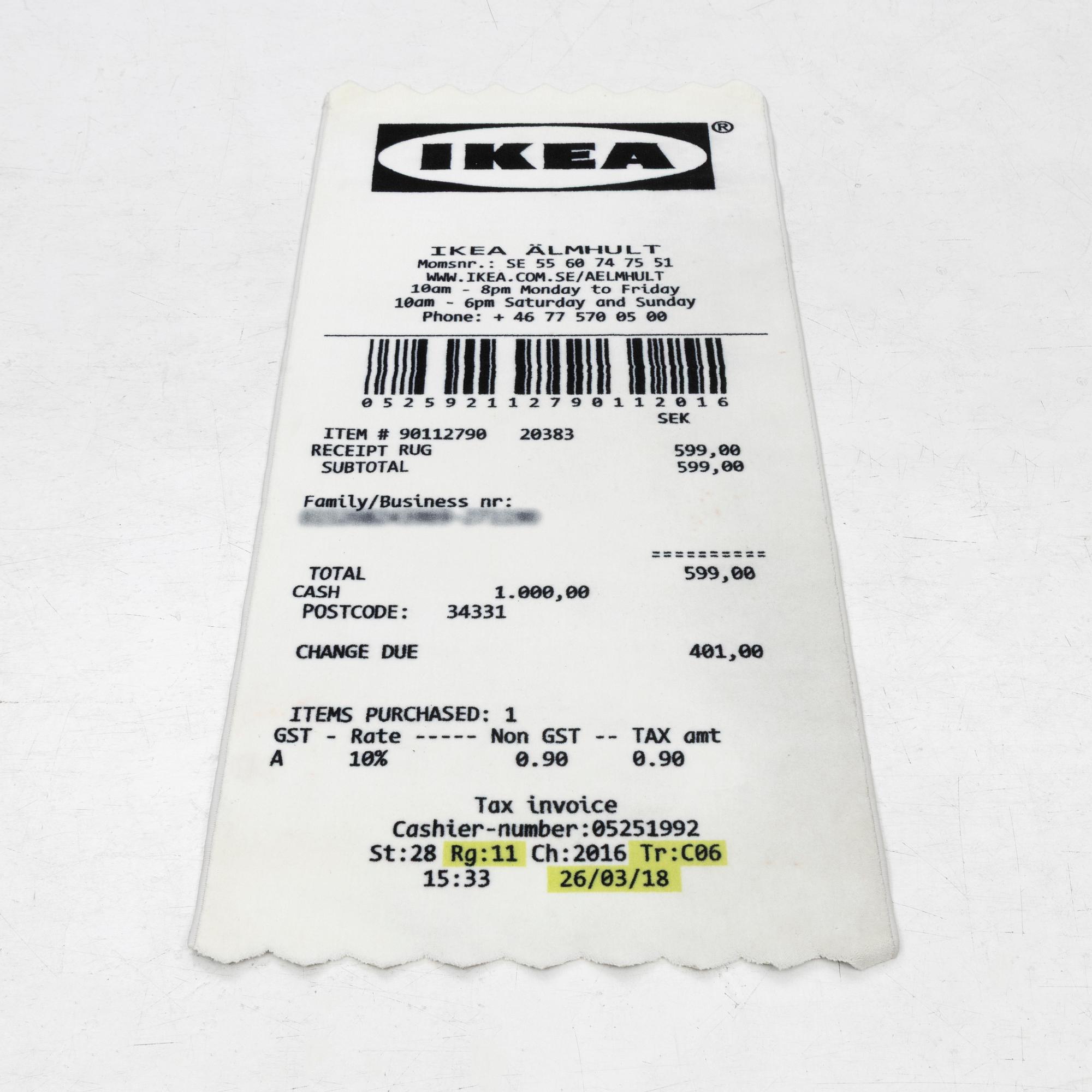 Virgil Abloh, a carpet, 'Kvitto' ('Receipt'), IKEA x Virgil Abloh, the 'MARKERAD' collection, c 197 x 90 cm.