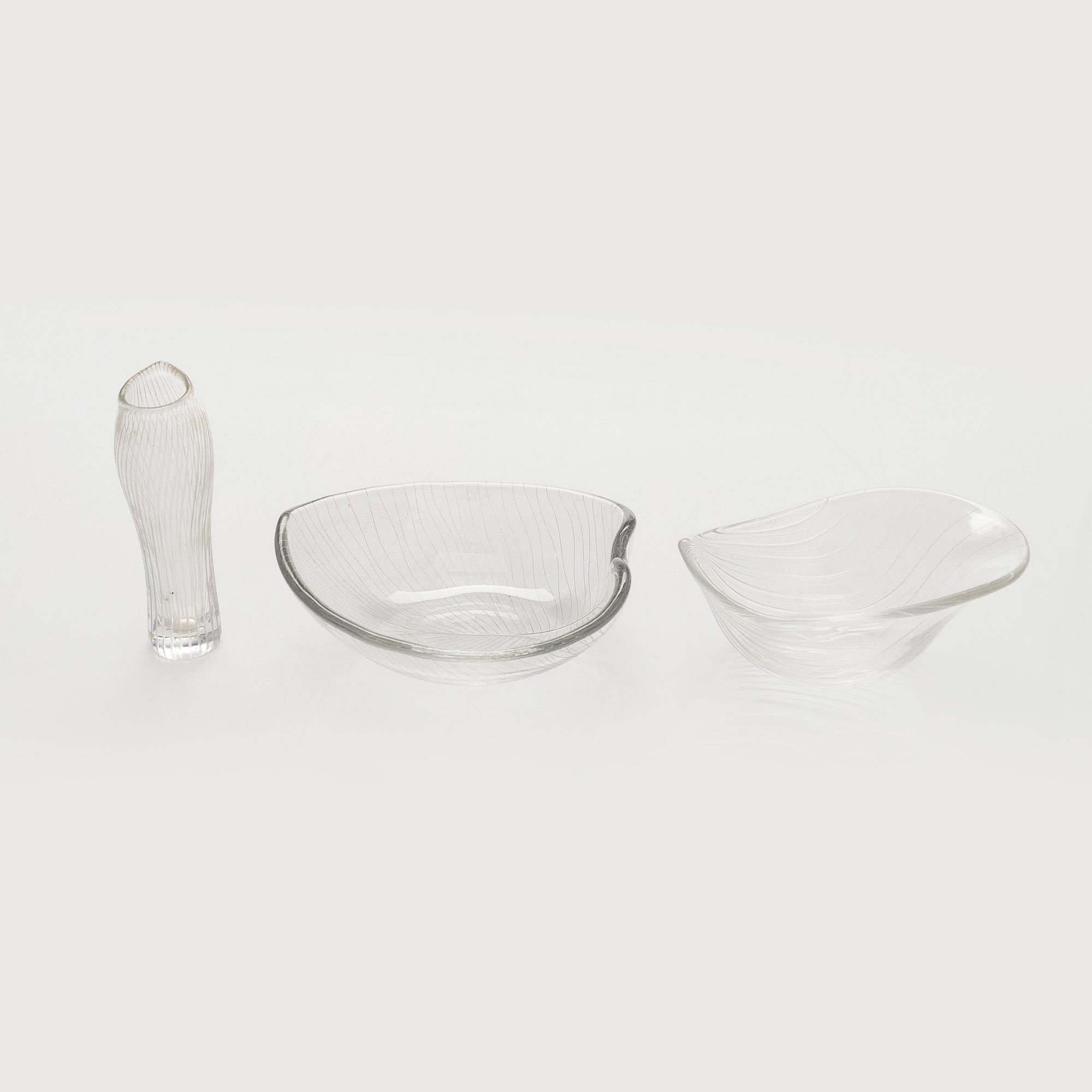 Tapio Wirkkala, a set of three mid-20th century, small line cut art glass objects, signed, Iittala.