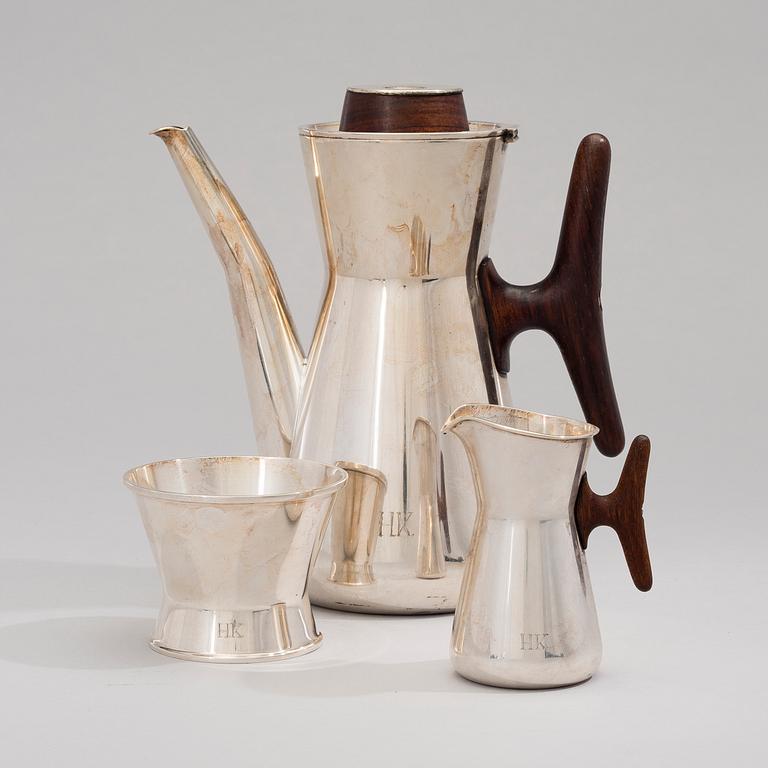 TAPIO WIRKKALA, A COFFEE POT, SUGAR BOWL AND CREAMER. Signed TW. Kultakeskus, Hämeenlinna 1962/-64.