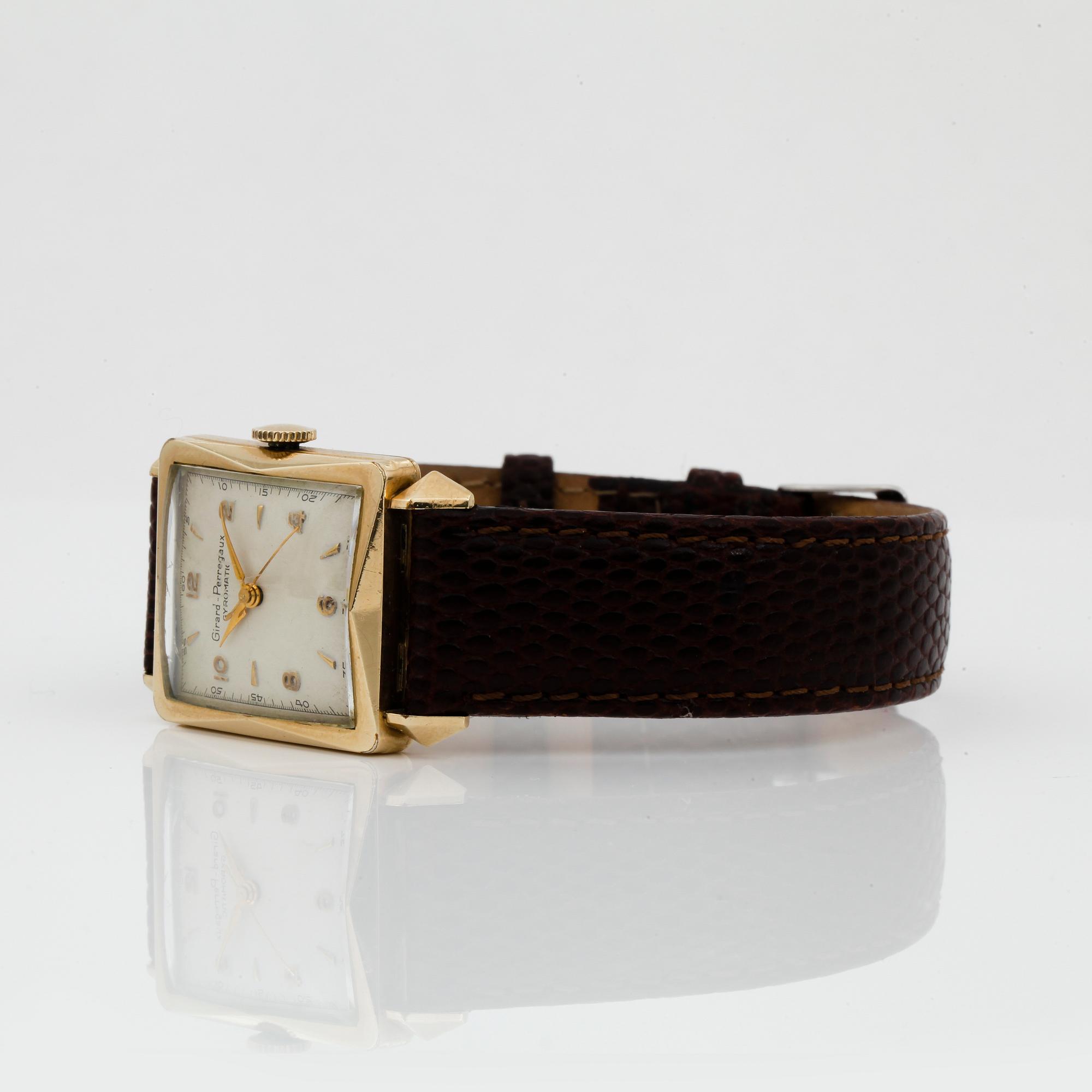 HERRARMBANDSUR, guld på stål, Girard Perregaux, Gyromatic, 1950-tal.