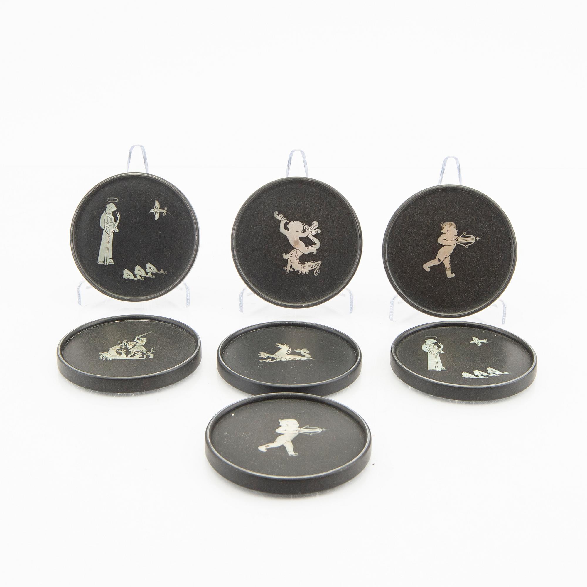 Wilhelmina "Tiddit" Wendt, coasters 7 pcs, isolite with silver inlays, Perstorp, Helsingborg 1956.