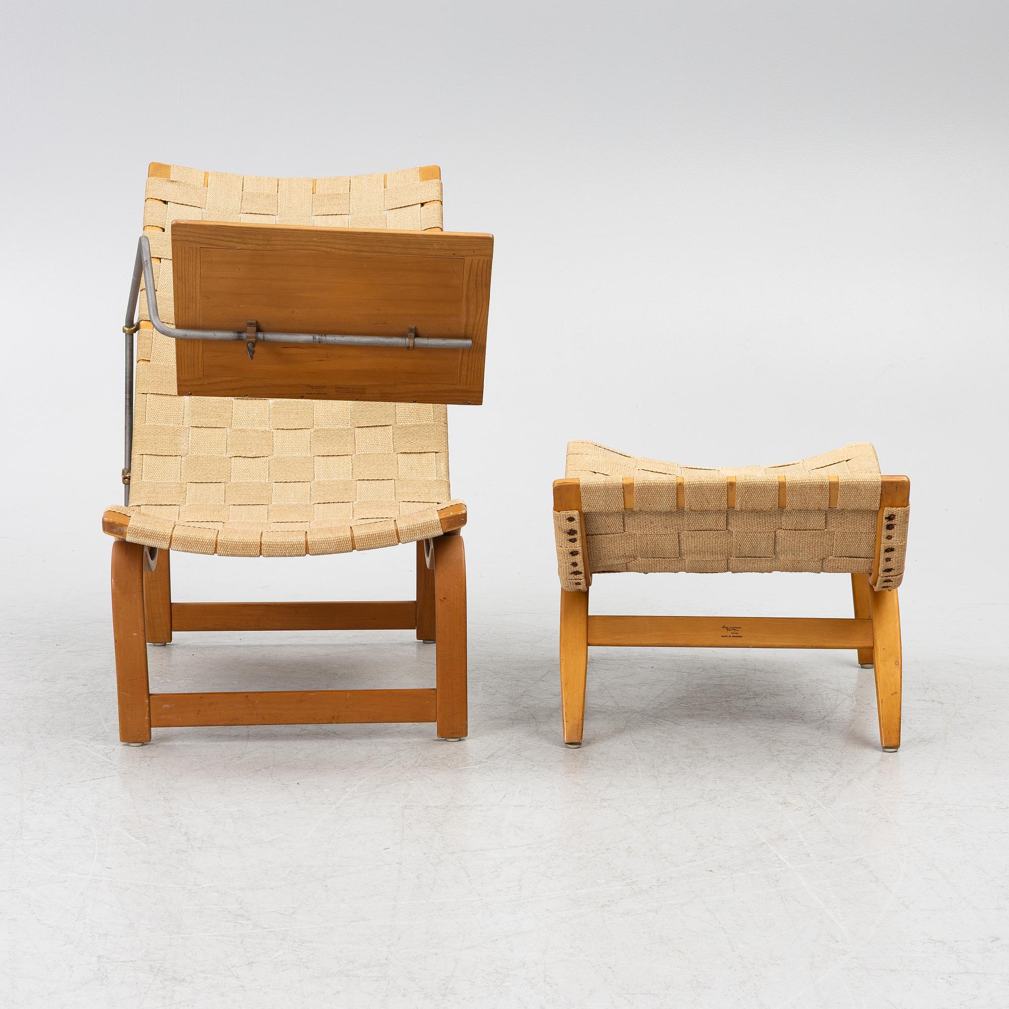 Bruno Mathsson, Chair, "Vilstol mod. 36", with reading table, and footstool "Pernilla", Karl Mathsson Company, Värnamo.