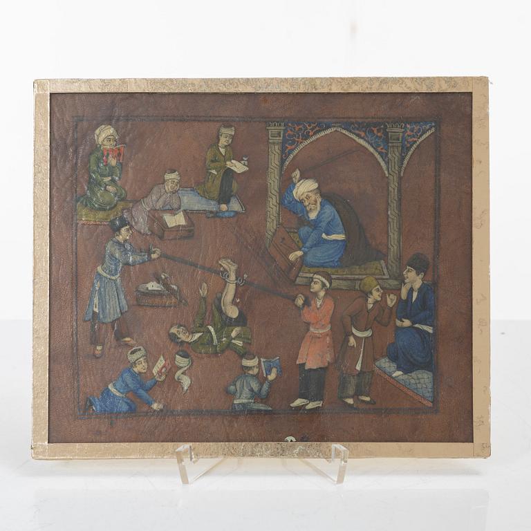 Unidentified artist, three paintings on leather, Iran, late Qajar dynasty/20th century.