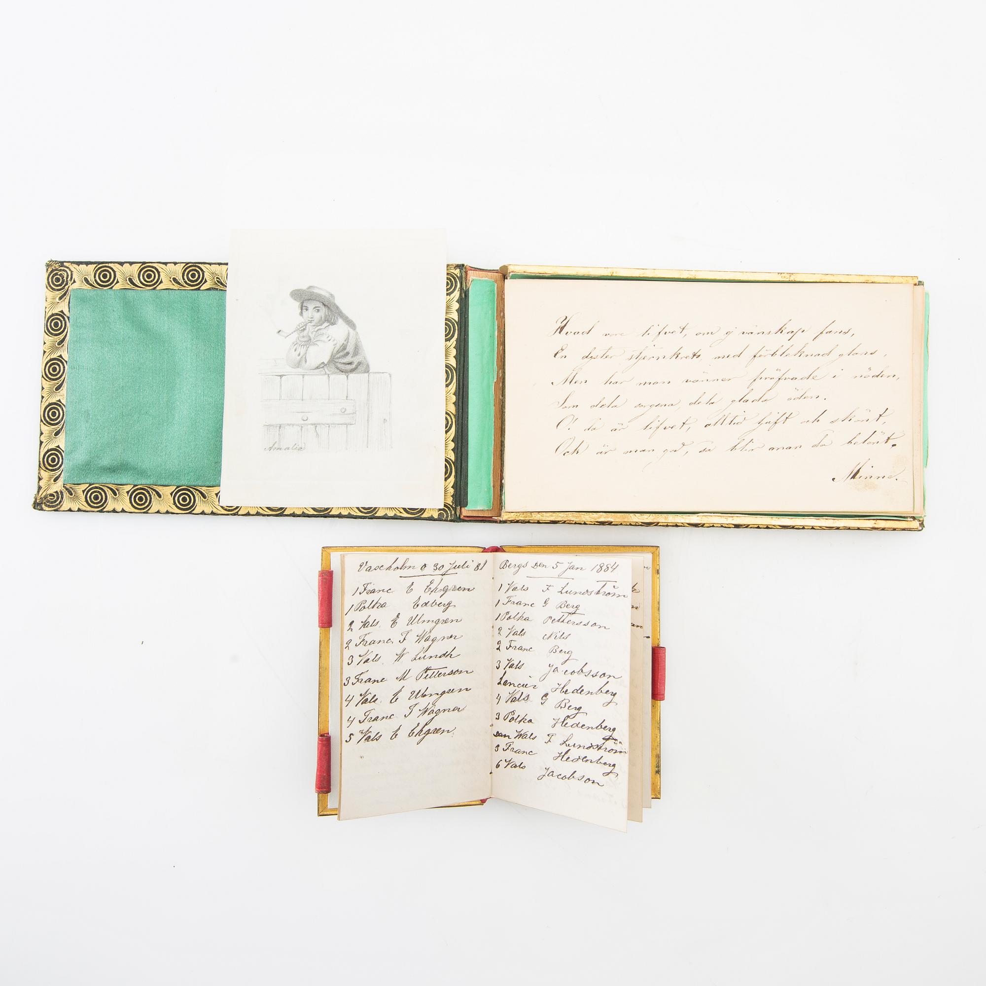 Diverse skrivföremål, bla bok med danskort, reservoarpenna, poesihäfte mm, 1800/1900-tal.