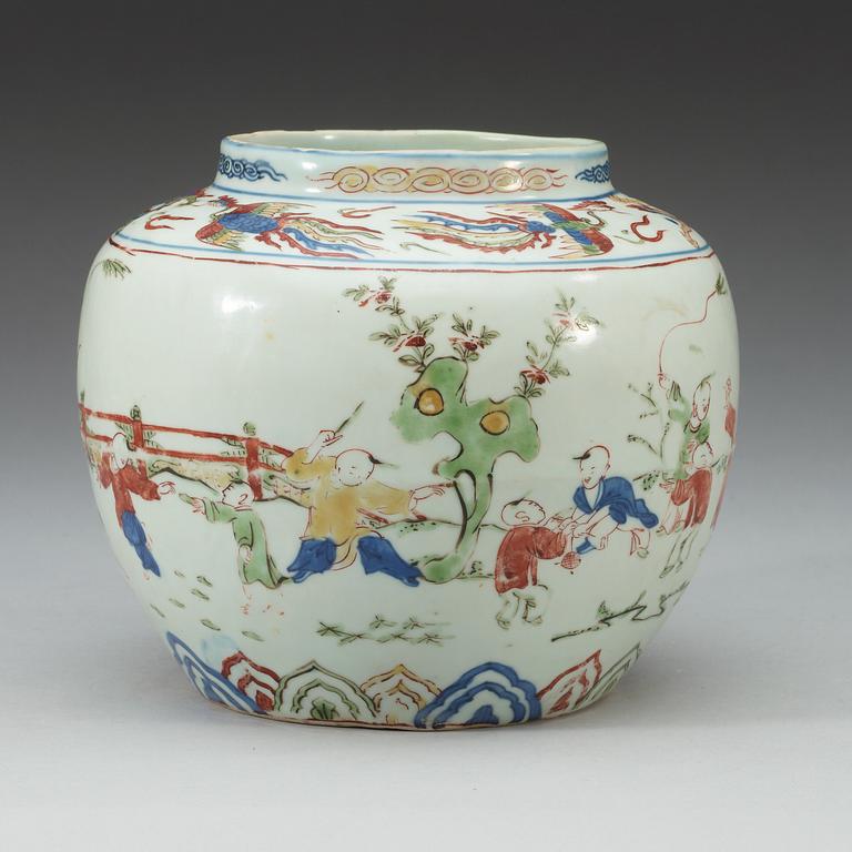 A wucai jar, Ming dynasty with Wanli six character mark and of the period (1573-1620).