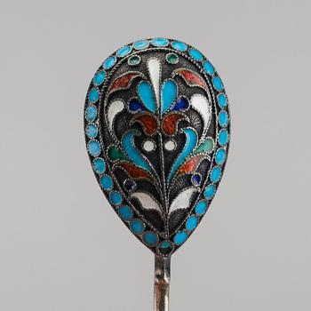 A set of six Russian silver and enamel spoons, around 1900 weight ca 195 gr.