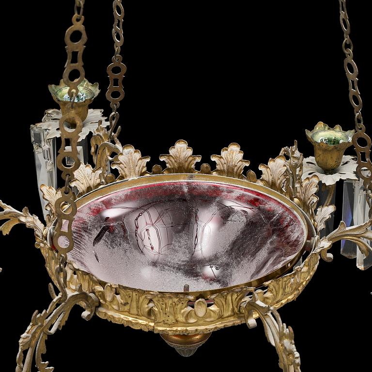 AMPEL, 1860-tal. Nyrokoko, mässing och rött glas.
