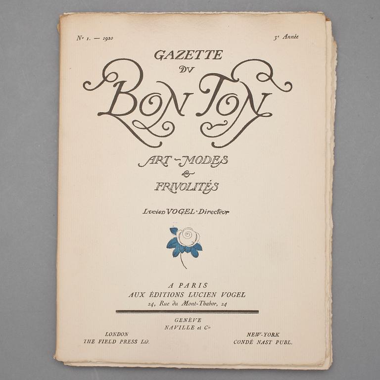 MODETIDNINGAR, nr1-10, "Gazette Bon Ton", pochoir- och litografiska planscher, utgivare Lucien Vogel, Paris, 1920.