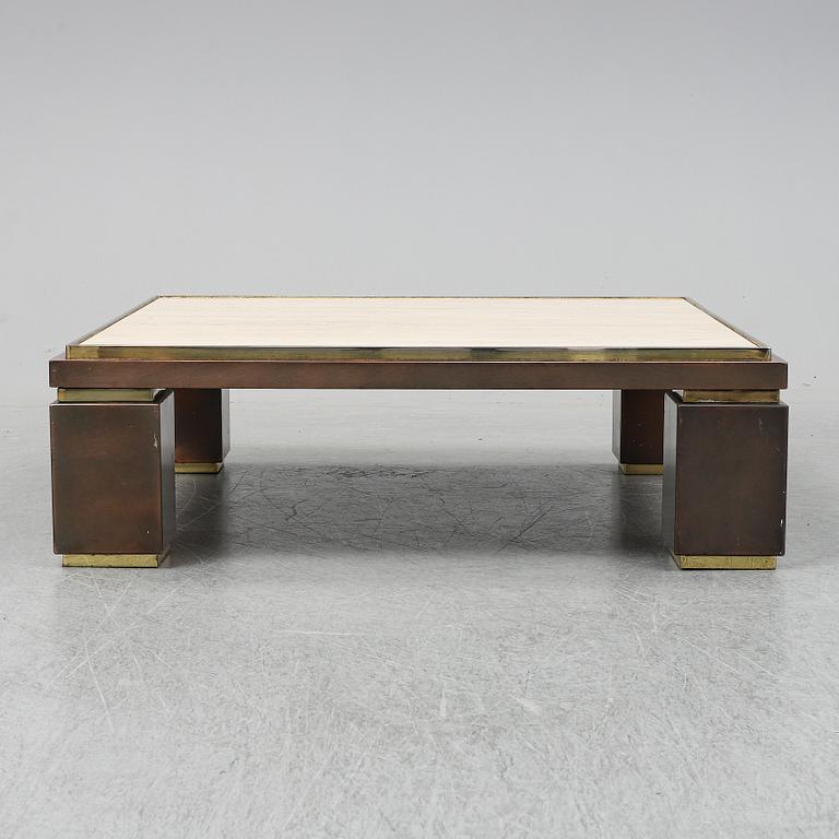 A travetine and brass sofa table, 1970s, probably Belgo Chrome.