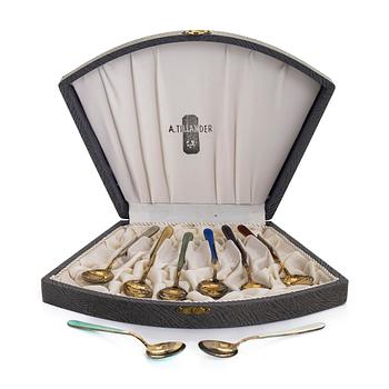 Tillander, an 8-piece set of enamelled and gilt sterling silver coffee spoons, Helsinki 1953. In original box.