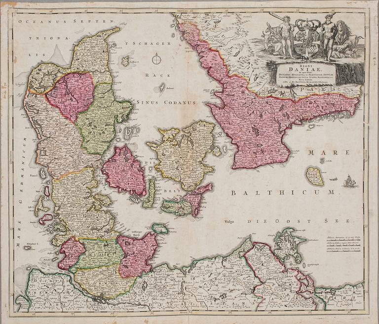 KARTA Regni Daniae, Johan Homann 1700-tal, handkolorerat kopparstick.