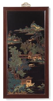 A set of four Chinese lacquer panels with wooden frames, early 20th century.