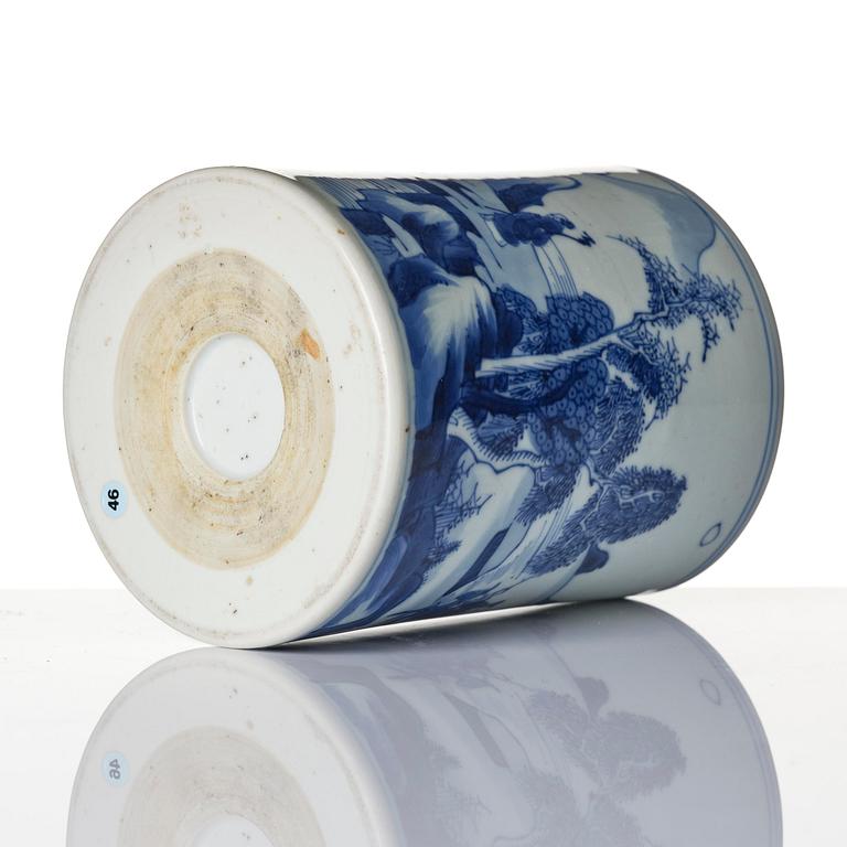 A blue and white 'scholar in a landscape' brushpot, bitong, Qing dynasty, Kangxi (1662-1722).