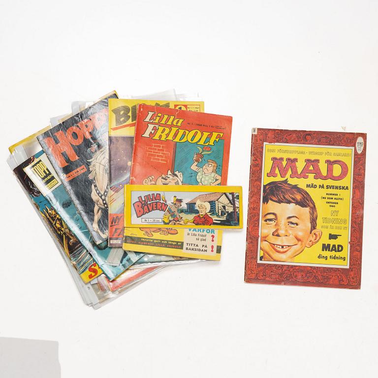 Serietidningar, 18 st, förstautgåvor, bl a "Tomahawk", "Tom Mix", "Hopalong Cassidy", "Lilla Fridolf", "MAD".