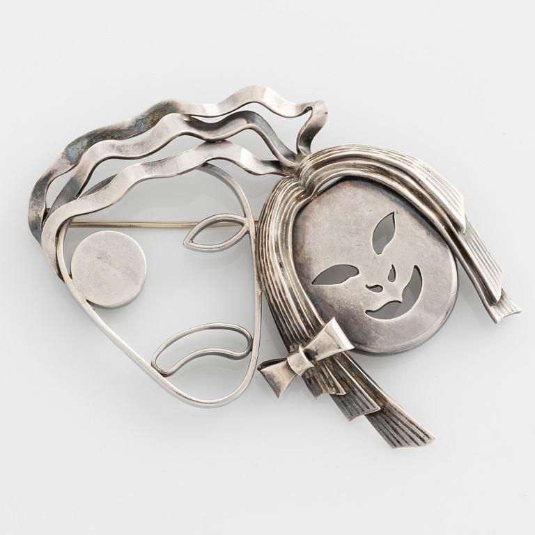 Atelier Borgila, brooch, silver, in the shape of masks.