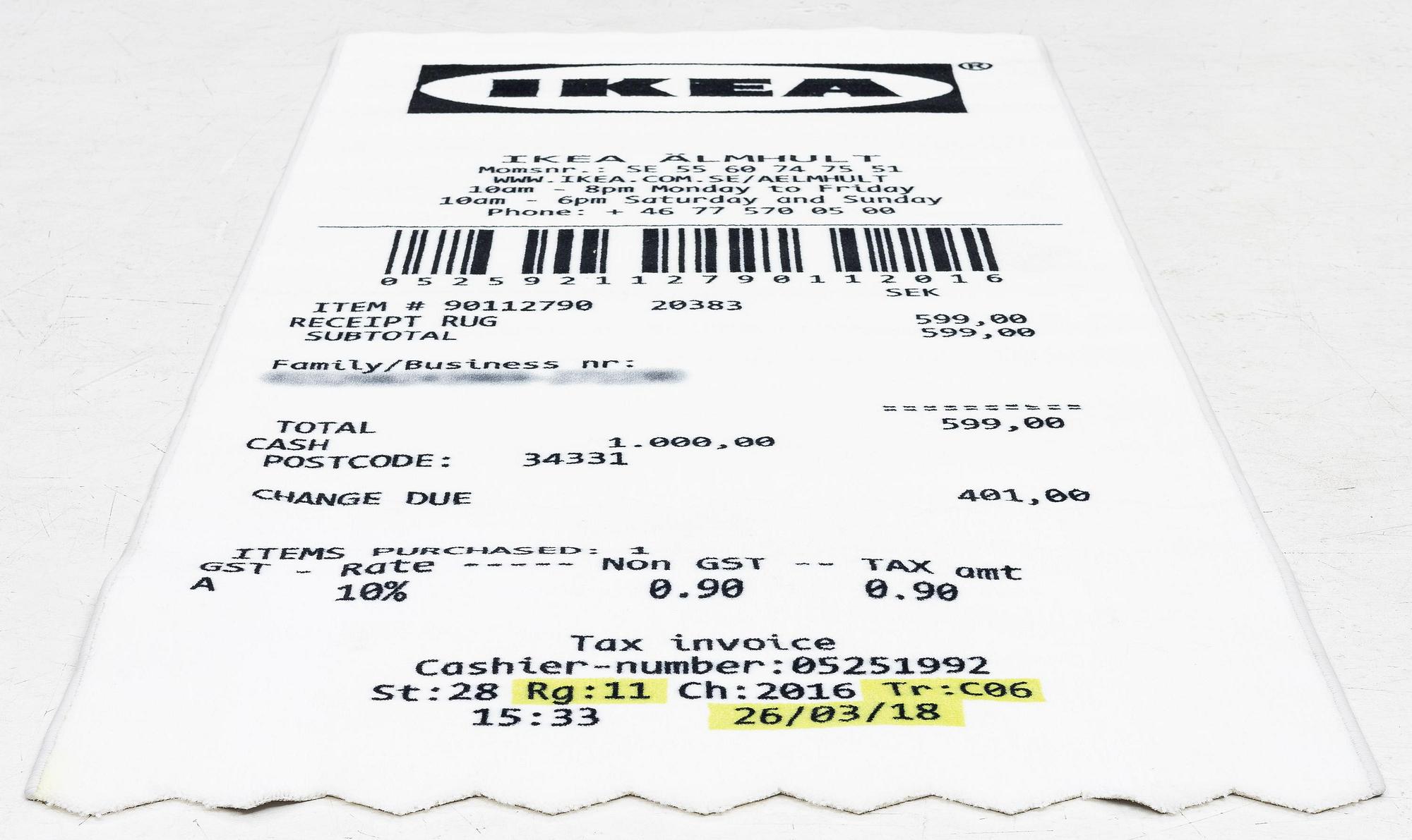 Virgil Abloh, a carpet, 'kvitto' ('Receipt'), IKEA x Virgil Abloh, the 'MARKERAD' collection, c. 200 x 90 cm.