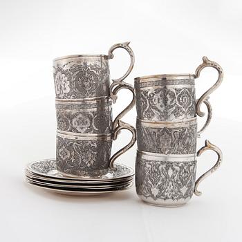 MOCCAKOPPAR, 6 st, silver, orientaliska, bär finska kontrollstämplar Suomen Kellosepät, Helsingfors 1953. Vikt ca 570 g.