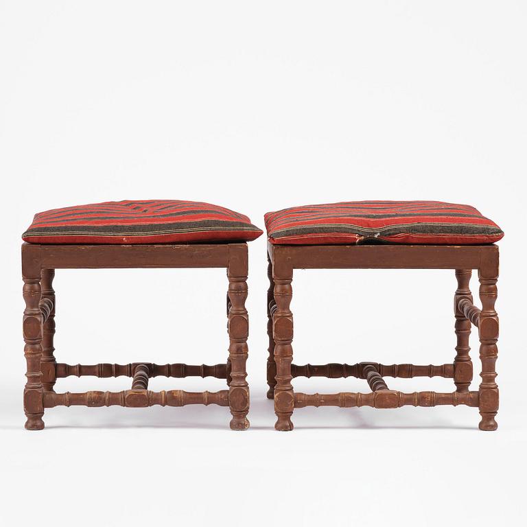 A pair of Swedish baroque stools, circa 1700.