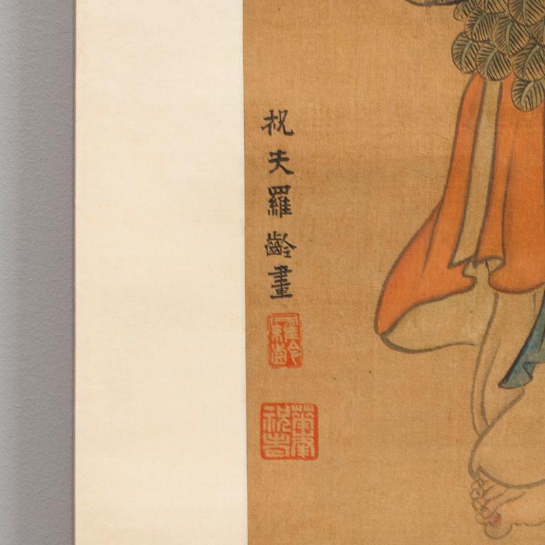 A hanging scroll, ink and colour on silk, Qing dynasty (1644-1912), signed Luo Ling.