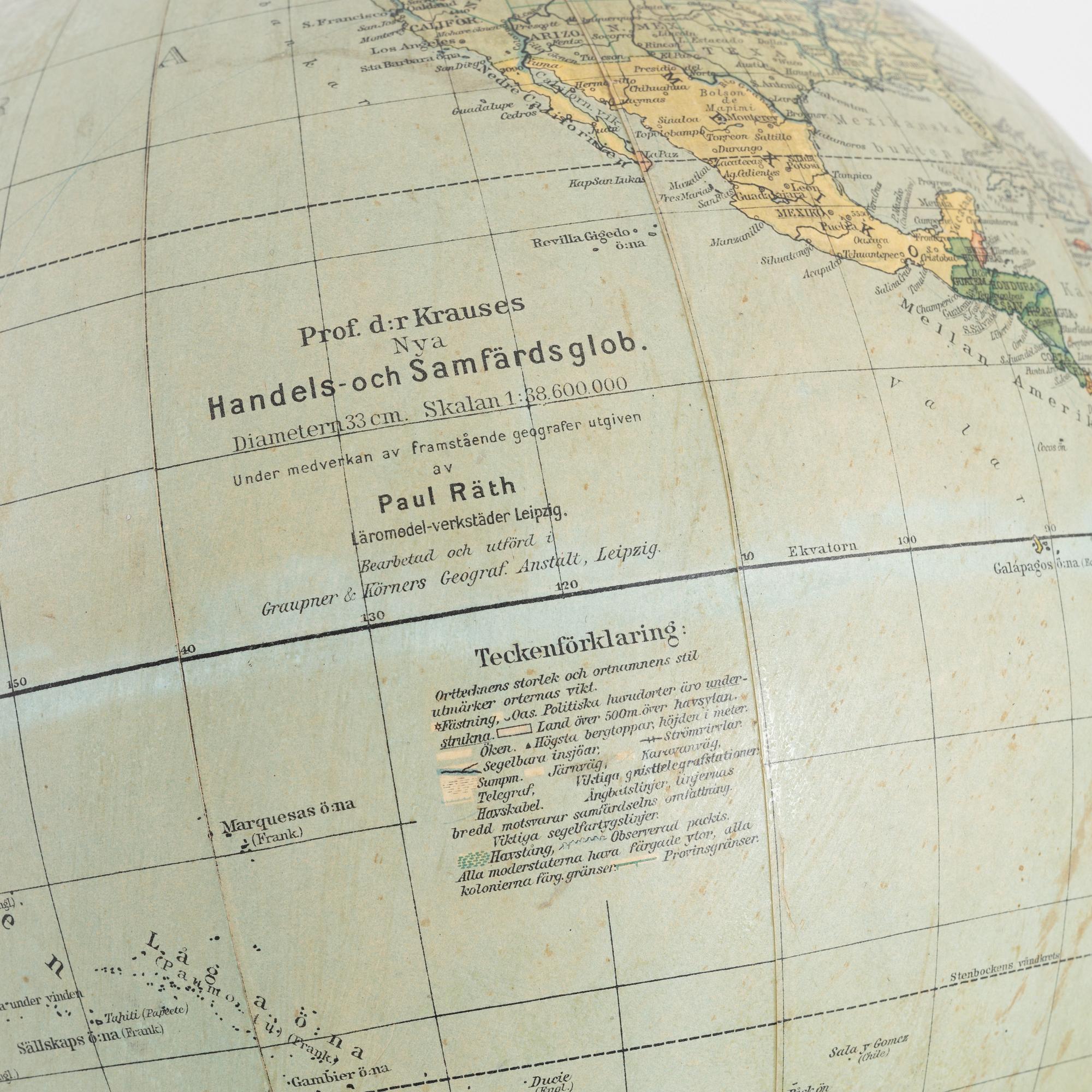 Jordglob, "Professor Dr Krauses Nya Handels- och samfärdsglob", Leipzig, Tyskland, 1910/20-tal.