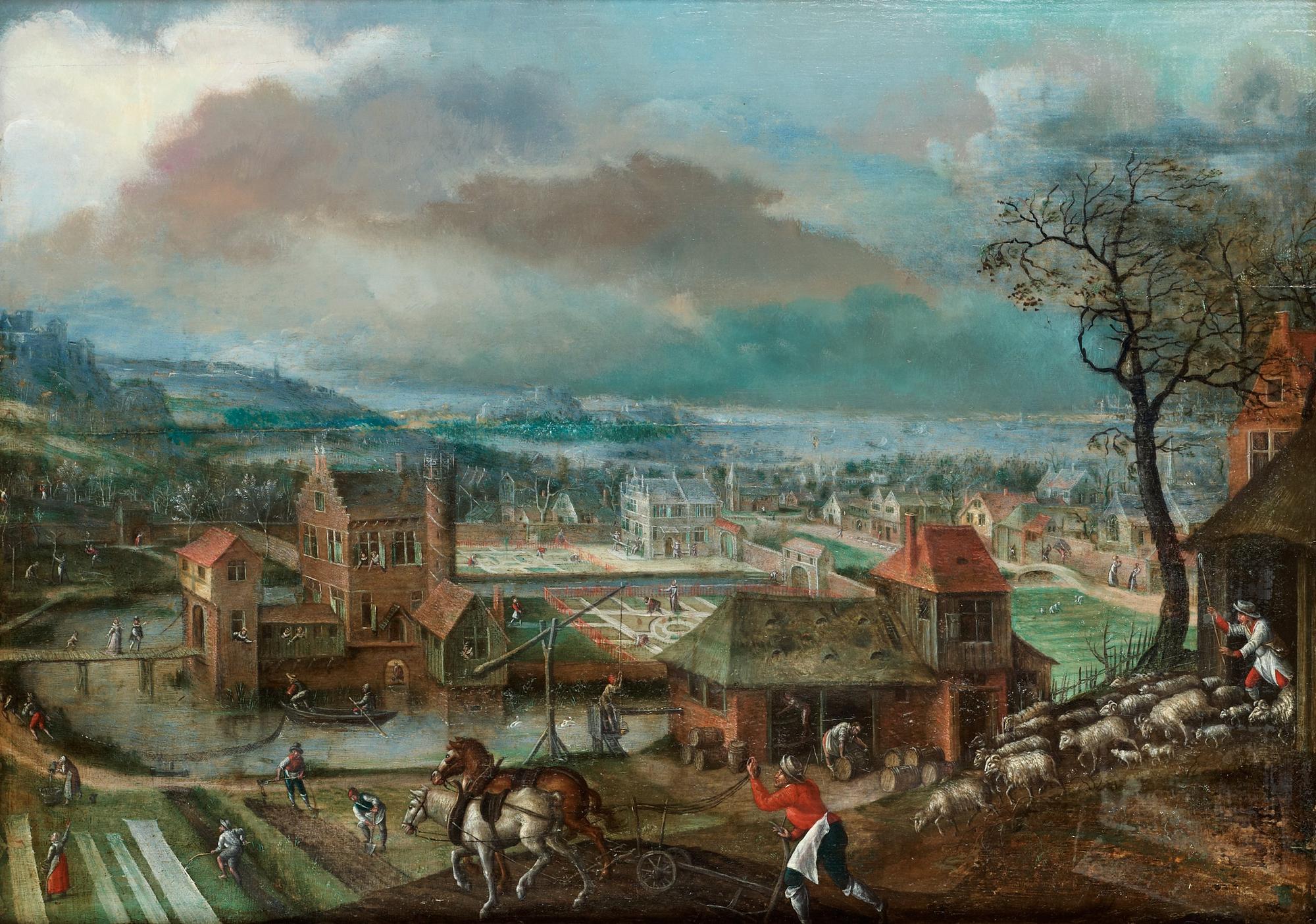 Jacob Grimmer Hans efterföljd, Landskap med figurer och byggnader.