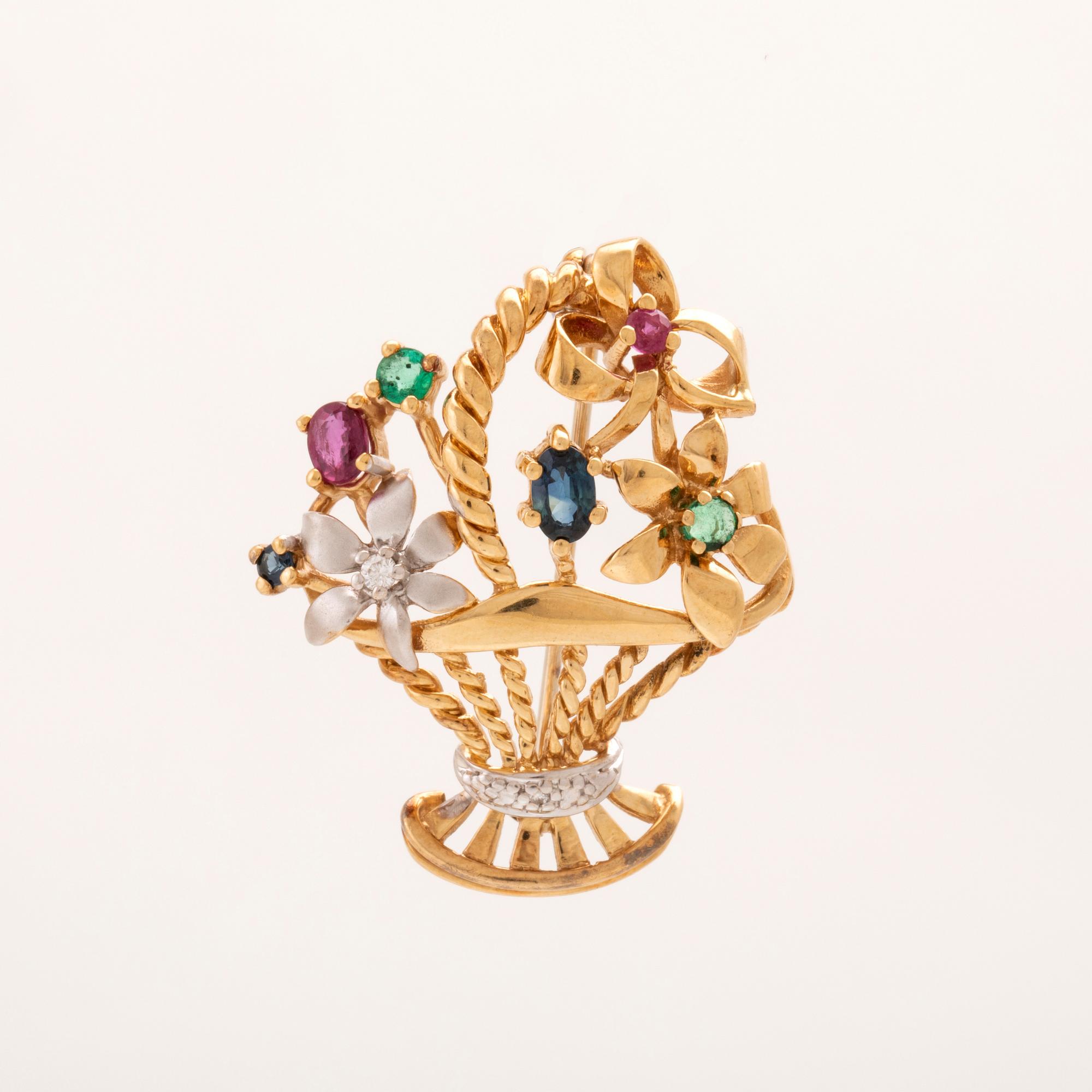 Brooch 18K white and red gold with round brilliant-cut diamonds and faceted rubies, emeralds, and sapphires.