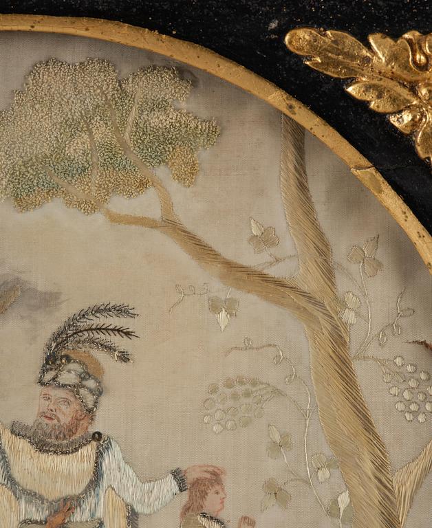 A late Gustavian frame and silk embroidery, dated 1802.
