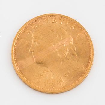 A 20 franc gold coin, Helvetia, 1922.