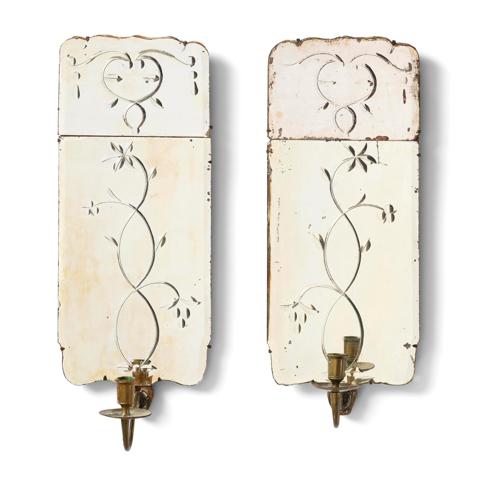 A pair of Swedish engraved-glass one-branch girandole mirrors, later part 18th century.
